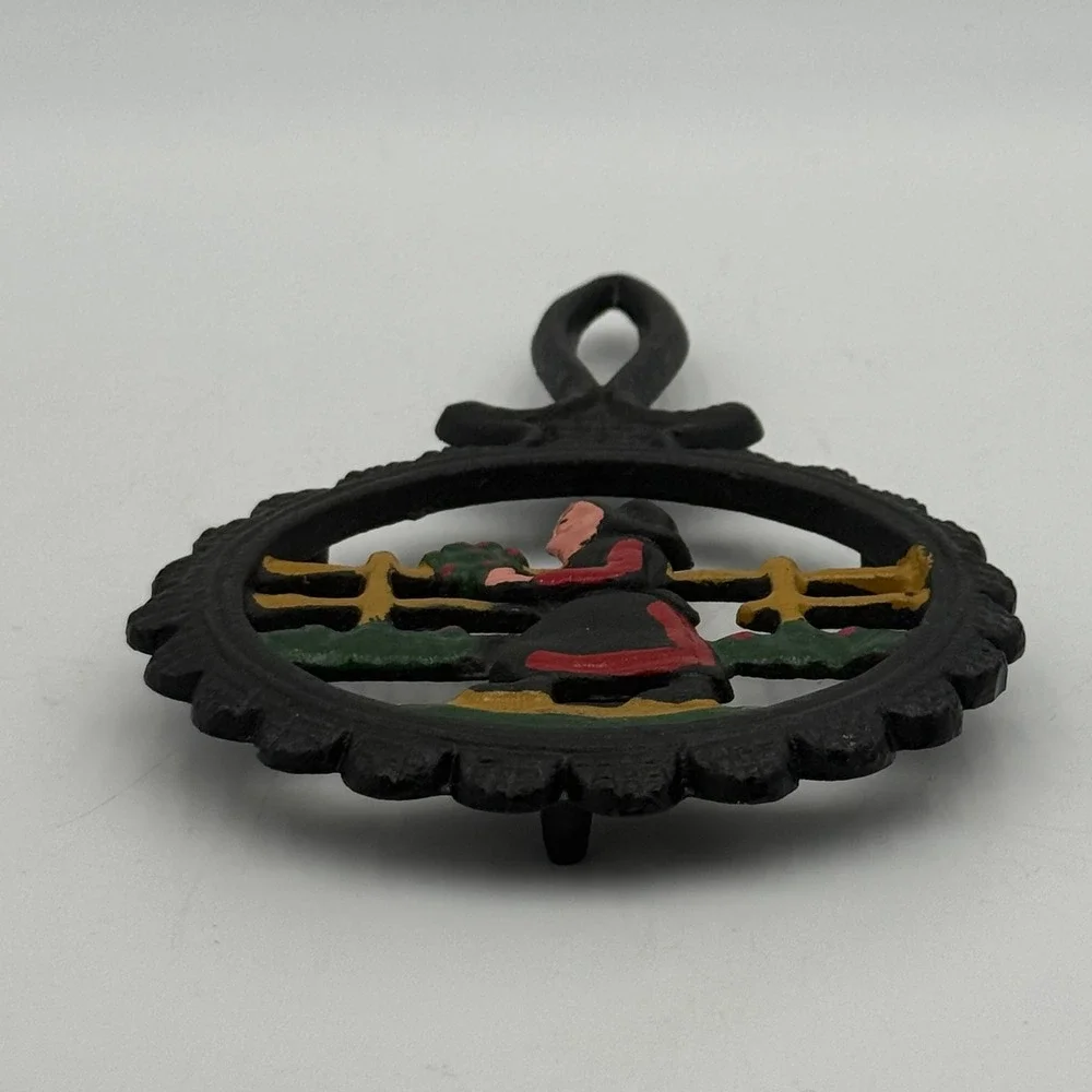 Vintage Cast Iron Trivet Hand Painted Amish Woman Folk Art Farmhouse Decor
